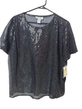 NWT Erena Womens Sequin Short Sleeve Top Vintage Black Crew Neck sleeves Size XL